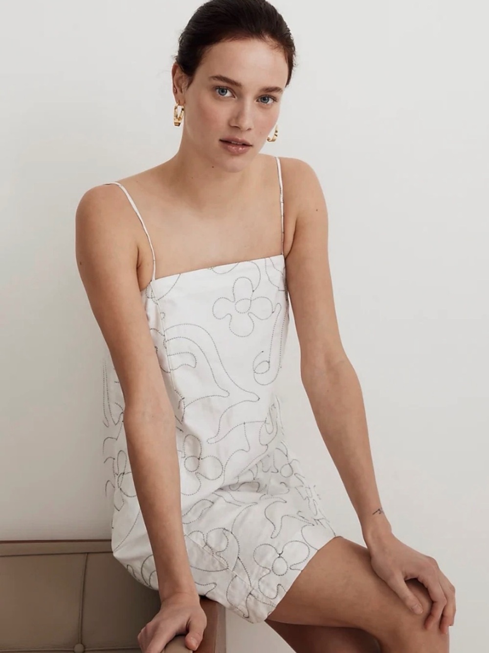 Madewell Goldie Mini Tank Dress Linen White Black Floral Eyelet Summer Size 12